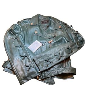 Cruelty-Free “Leather” Biker Moto Jacket Green Lace Up Sleeves Small Motorcycle